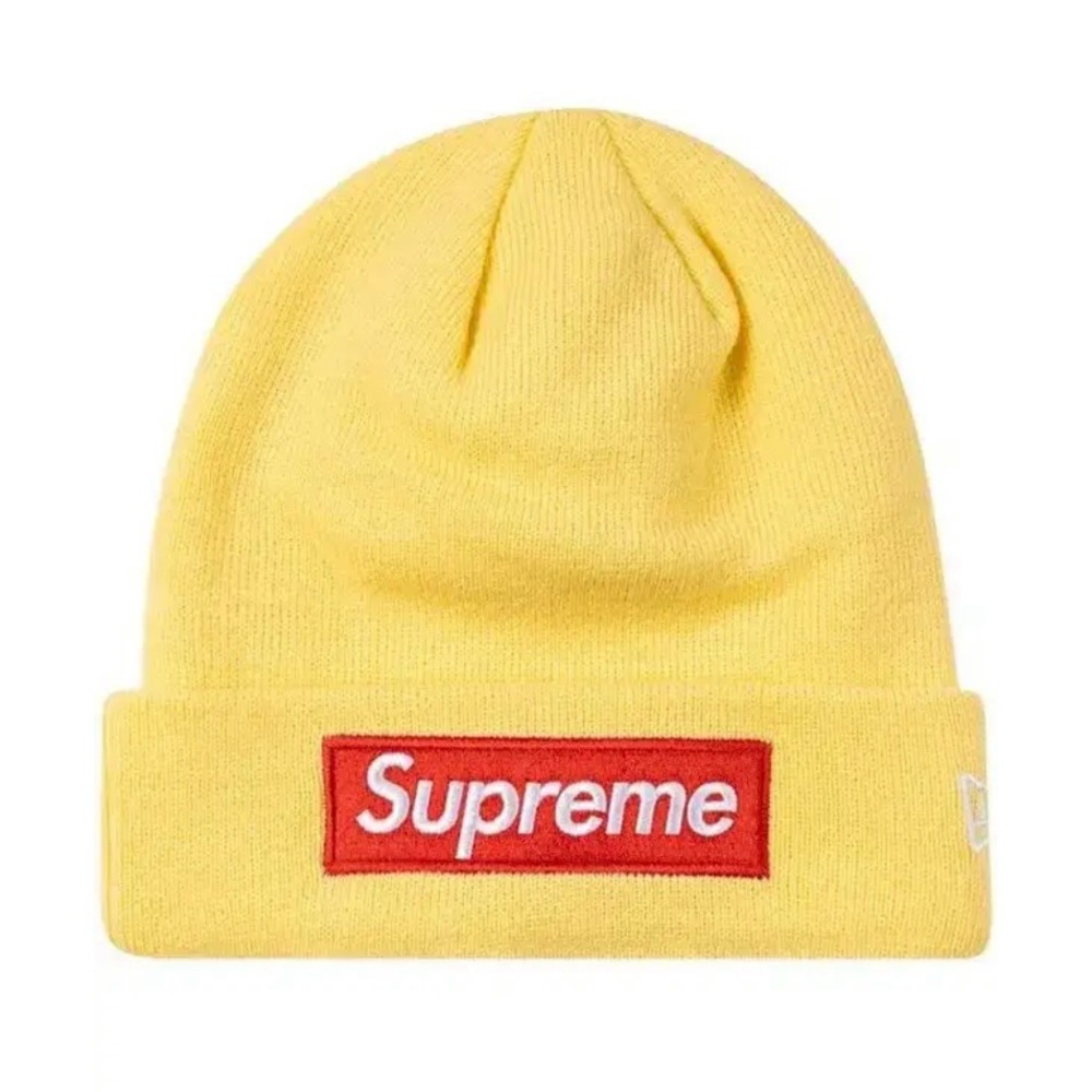 Supreme X New Era Box Logo Beanie pale yellow released Fall/Winter 2022 NWT